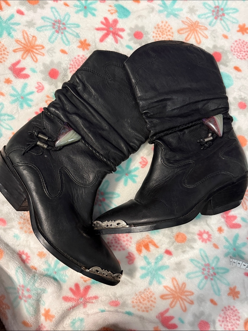 Vintage Z Line by Zodiac Black Leather Slouch Western Boots Metal Toe Tips Cap